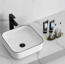 Square Ceramic Vessel Sink – White with Black Rim
