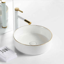 Round Ceramic Vessel Sink – White with Gold Trim