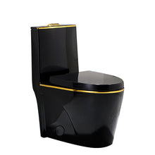One Piece Toilet Bowl SKU: 8616BG- Soft Close Seat with High Efficiency Dual Flush in Black/Gold. Dual-Flush