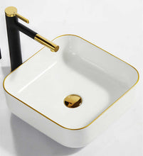 Square Ceramic Vessel Sink – White with Gold Trim