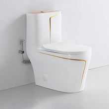 One Piece Toilet Bowl SKU: 8676WG- Soft Close Seat with High Efficiency Dual Flush in White/Gold. Dual-Flush