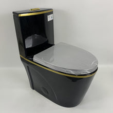 One Piece Toilet Bowl SKU: 8616BG- Soft Close Seat with High Efficiency Dual Flush in Black/Gold. Dual-Flush