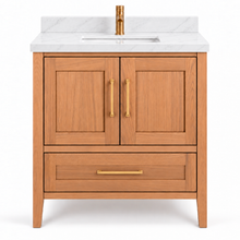ALV Casa 30 inch white oak bathroom vanity with quartz countertop, front view