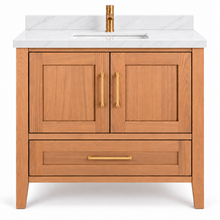 ALV Casa 36 inch white oak bathroom vanity with quartz countertop, front view