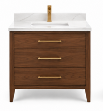ALV Matrix 30 inch walnut three-drawer bathroom vanity with quartz countertop, front view